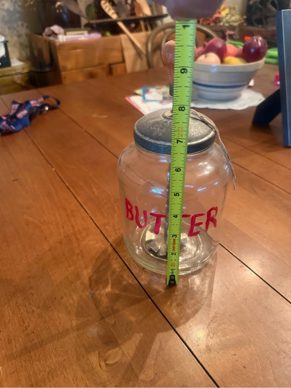 Vintage-Style Glass Butter Churn Jar with Metal Lid - Red Lettering